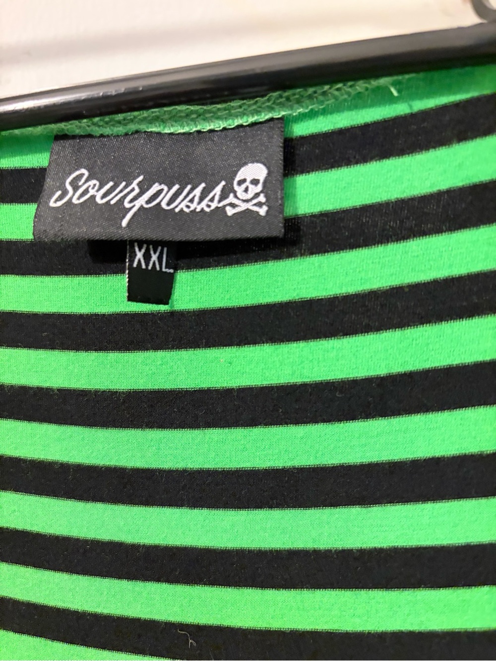 Sourpuss- size XXL- well loved slime green/black striped top w/bow. GUC - Picture 3 of 5